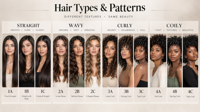 Hair types chart showing straight wavy curly and coily textures from 1A to 4C