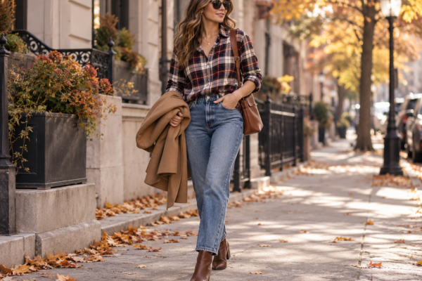 Plaid shirt outfit with dark jeans and boots for fall 2026